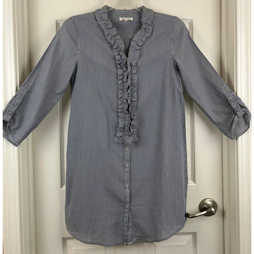 PROJECT BRAND - Blue & White Stripe 3/4 Roll Tab Sleeve Ruffled Blouse size XS